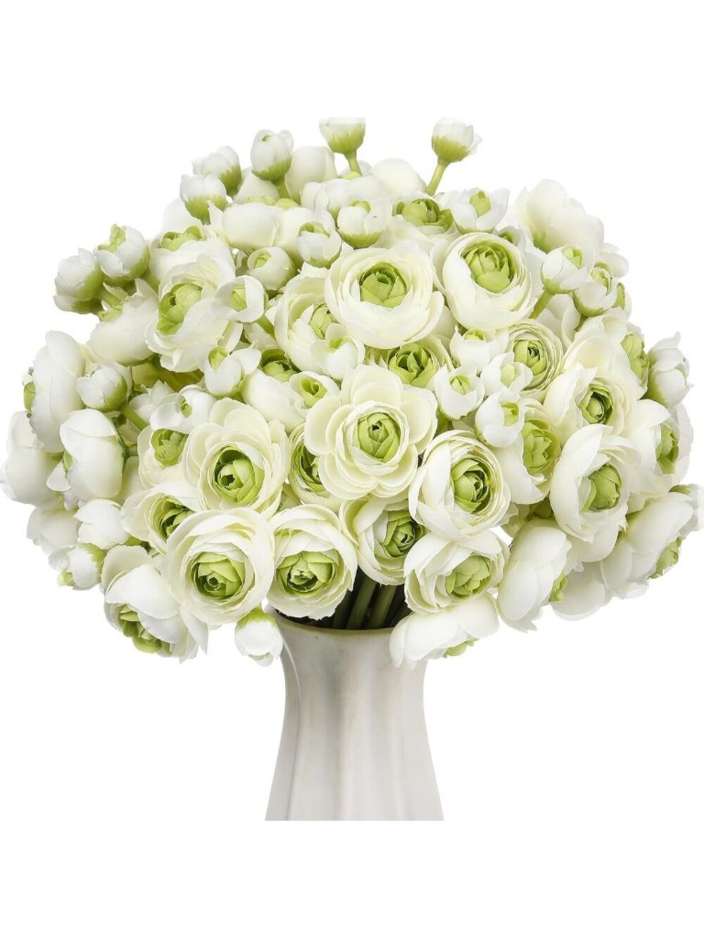 48 Pcs White & Green Ranunculus Artificial Flowers - Realistic Home Decor